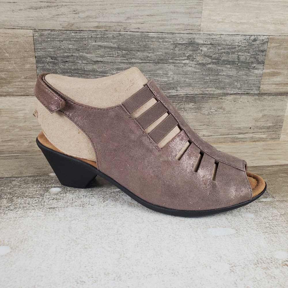Comfortiva Faye Womens Heeled Sandals Sz 9 W Smoke Suede Leather Hook & Loop